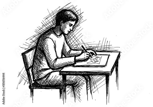Hand drawn sketch of boy focused on writing at desk