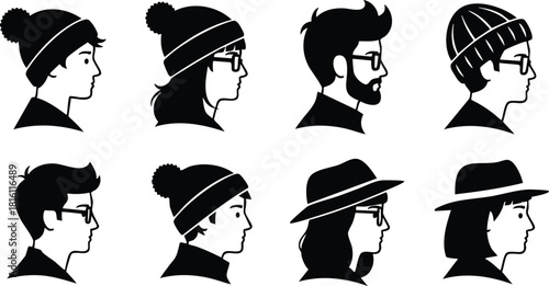 Diverse profiles of individuals showcasing various hairstyles and hats in silhouette style for creative projects 