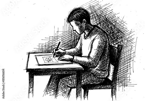 Sketch of a man drawing at a desk in detailed hand-drawn style