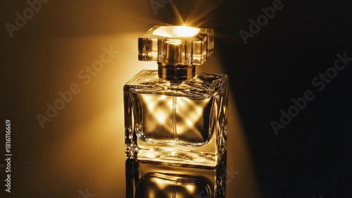 Luxurious Perfume Bottle Elegantly Displayed With Golden Light Reflections On A Dark Reflective Surface Macro Shot