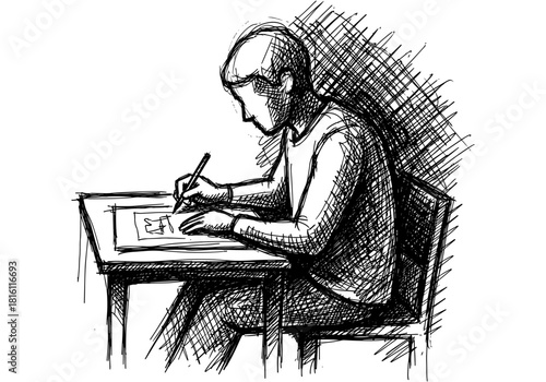 Sketch of a person drawing at a desk in black and white style
