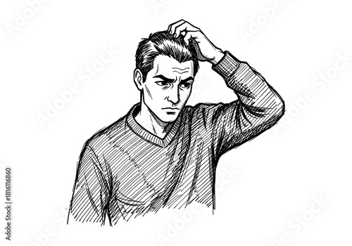 Confused man scratching head in detailed sketch style