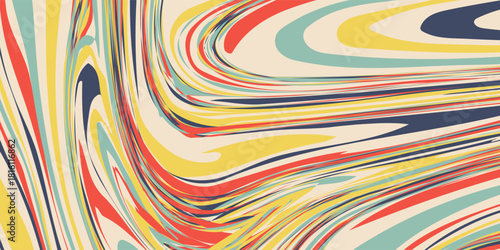 Groovy 70s psychedelic background with swirl and wave patterns. Twisted retro vector texture in vibrant Y2K aesthetic. Perfect for posters, album covers, fashion, and vintage-themed designs. eps 10