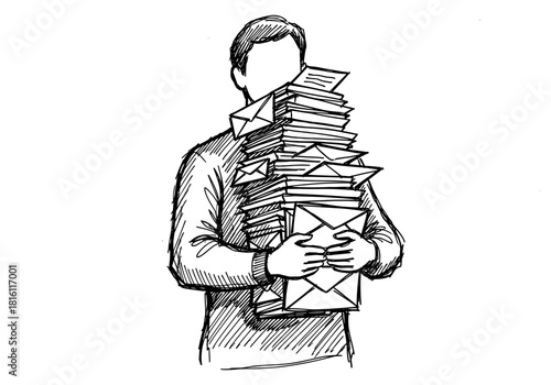 Overwhelmed man holding stack of envelopes in sketch style