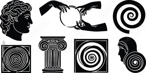 Greek mythology inspired vector illustrations featuring classic motifs and spiral designs showcasing ancient culture and art 