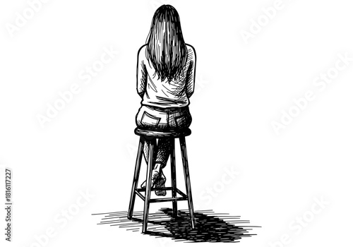 Sketch of a woman sitting on a stool: back view in black and white