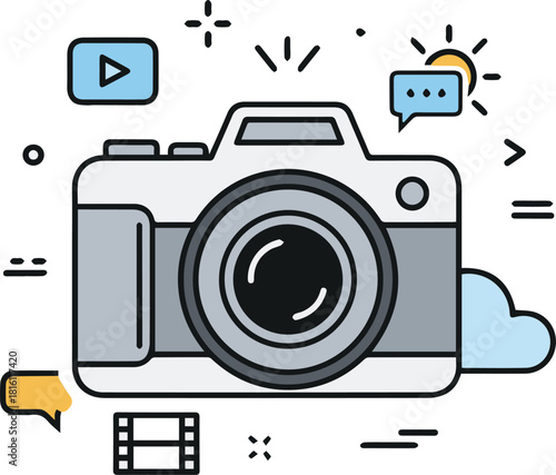 A modern illustration of a digital camera surrounded by media and cloud icons, representing photography, video, and online sharing.