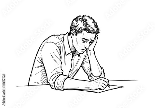 Pensive man sketching thoughtfully at desk in black and white line art