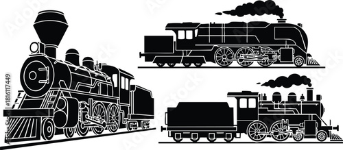 Classic steam trains illustration showcasing three distinct locomotive designs in black and white style for vintage enthusiasts 