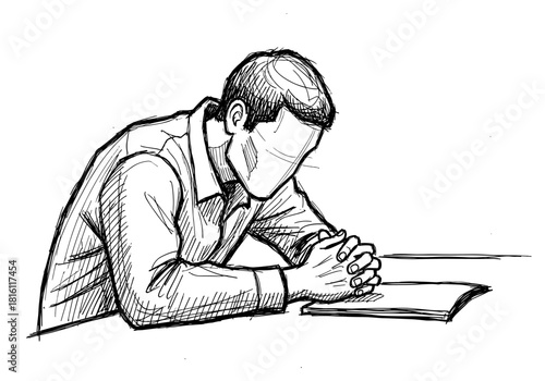 Sketch of a thoughtful person resting head on hands in contemplation