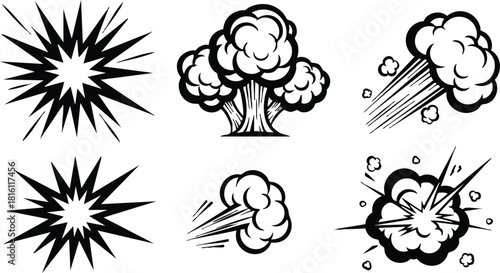 Explosion effects and smoke clouds in black and white vector illustration for dynamic design projects 