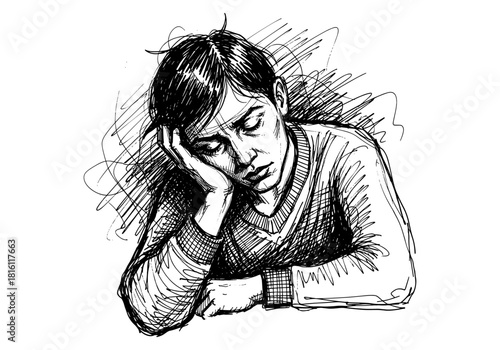 Expressive sketch of a tired person resting head on hand in black and white art style