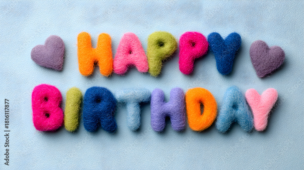 Naklejka premium Colorful felt letters spelling happy birthday with hearts