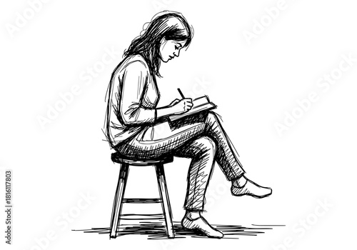 Sketch of woman seated on stool writing in notebook in casual attire