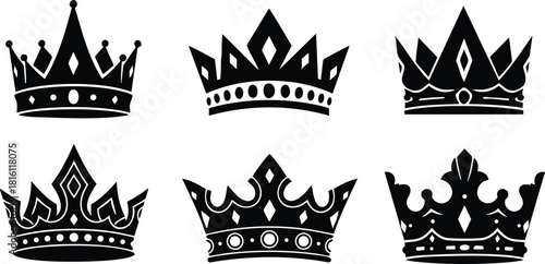 Collection of six elegant black crowns suitable for various designs and projects 