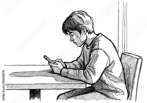 Sketch of young man engrossed in smartphone at table