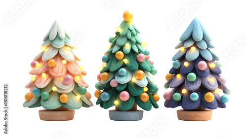 Cute 3D set of Christmas trees with vibrant ornaments, glowing fairy lights, and stylized soft forms, modern and fun holiday graphic concept, isolated on white background 