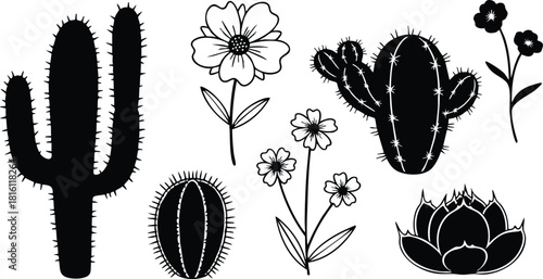 Cactus and flower vector illustration featuring various black silhouettes and unique shapes for design and decoration purposes 