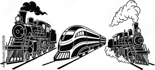 Vintage steam locomotives and modern high-speed train illustrations showcasing the evolution of railway transport 