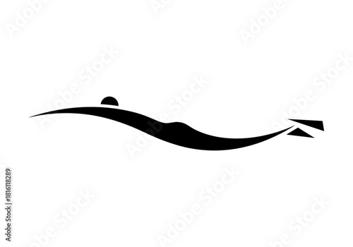 Minimalist bird silhouette in flight over wave design