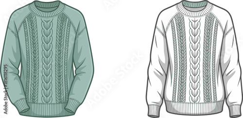 Knitted sweater fashion sketch, cable knit pullover design, raglan sleeve jumper, technical flat, apparel illustration, CAD drawing flat vector illustration