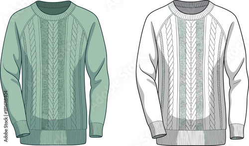 Cable knit sweater fashion sketch, raglan sleeve jumper design, textured knitwear illustration, grayscale comparison, CAD drawing flat vector illustration