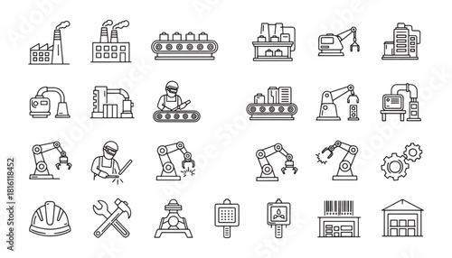 Industry & Manufacturing Line Icon Set – Factory, Machinery, Robotics & Automation Vector Illustration