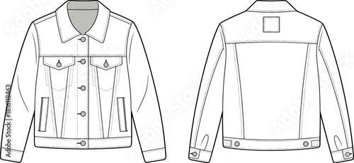 Denim jacket technical sketch, fashion flat design, front and back view, garment construction details, cad drawing flat vector illustration Denim jacket technical 