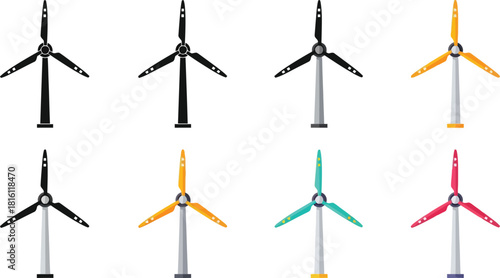A collection of colorful wind turbines isolated on a plain white background