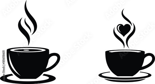 Two steaming cups of coffee one with heart shaped steam black and white