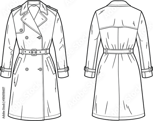 Trench coat technical sketch, fashion flat design, double-breasted coat front back view, garment construction details, cad drawing flat vector illustration