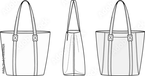 Tote bag technical sketch, fashion flat design, front side back view, garment construction details, cad drawing flat vector illustration
