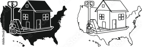 United states map with house silhouette and forklift black and white icons