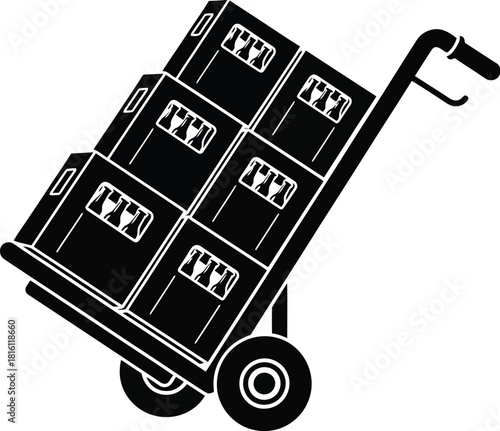 A black and white illustration of a hand truck loaded with boxes