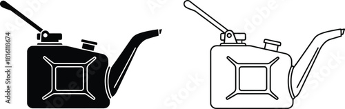 Black and white illustrations of a traditional fuel can with a spout