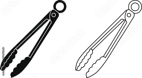 Two black and white line art illustrations of kitchen tongs