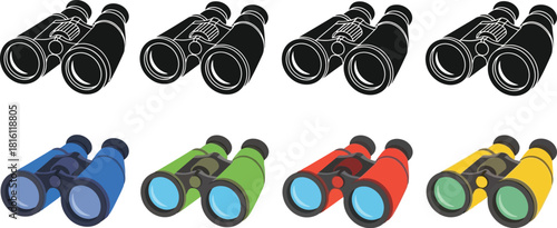Various colored binoculars arranged in a grid showcasing different styles