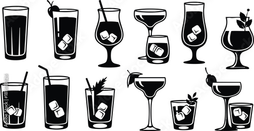 Variety of drink illustrations featuring various glass shapes and styles with ice cubes for cocktail design inspiration 