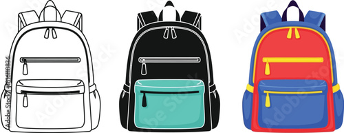 Three backpacks in different styles and colors are displayed side by side
