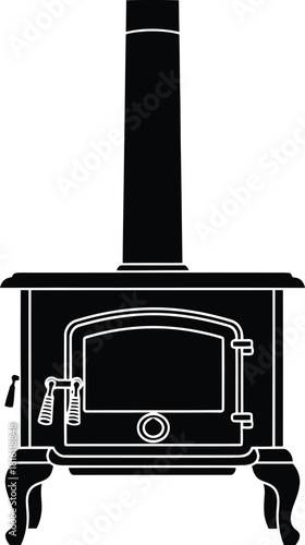 A vintage black wood burning stove with a tall chimney pipe shown in silhouette