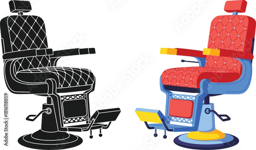 Stylized barber chairs in contrasting color schemes one black and white one colorful