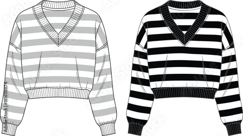Striped cropped sweater fashion sketch, V-neck jumper design, ribbed cuff illustration, color variation comparison, CAD drawing flat vector illustration