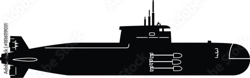 Silhouette of a black submarine against a plain white background