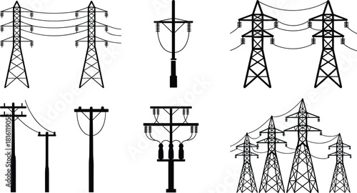 Electric transmission towers, utility poles, power line infrastructure, high voltage grid, energy distribution network, rural electricity, industrial power supply, engineering structures