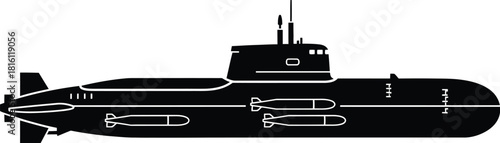 A stark silhouette of a military submarine side view black and white