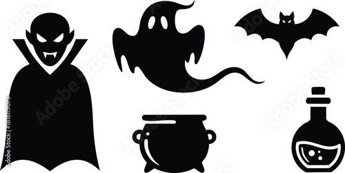 Halloween themed vector illustration featuring a vampire, ghost, bat, cauldron, and potion bottle for festive celebrations 