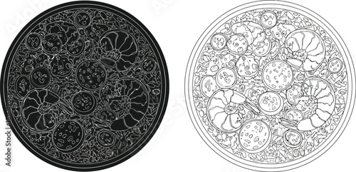 Intricate circular patterns shown in dark and light contrasting designs