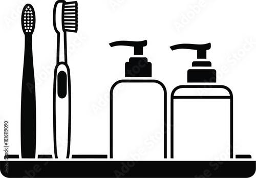 Black and white illustration depicting toothbrush and soap dispenser set
