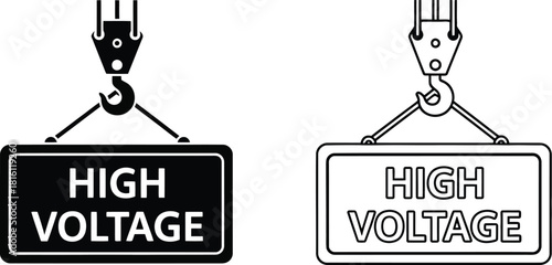 Two high voltage warning signs with hooks and chains depicted in black and white