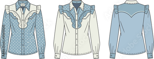 Ruffled blouse fashion sketch, polka dot variation, button-down front, collar detail, front and back view, CAD drawing flat vector illustration